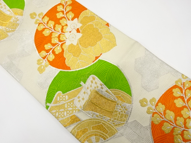 JAPANESE KIMONO / ANTIQUE FUKURO OBI / SILK / WOVEN PAULOWNIA & CARRIAGE